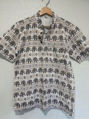 Men's Short Sleeve Polo with Brown Elephant Stripe Print - White/Brown